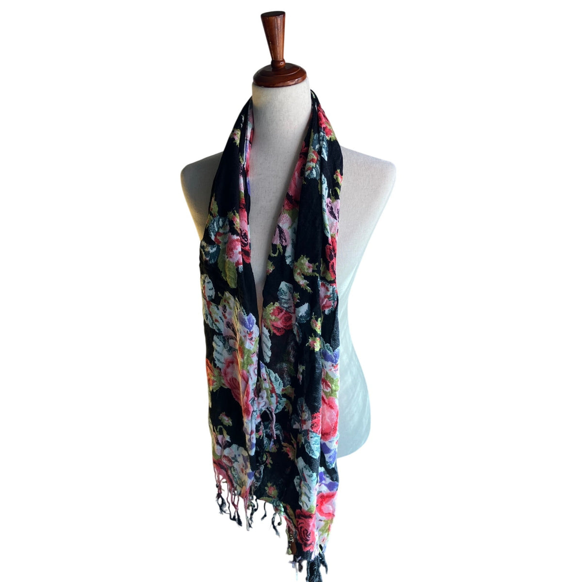 Black Floral Rose Print Fringe Scarf Boho Romantic Wrap