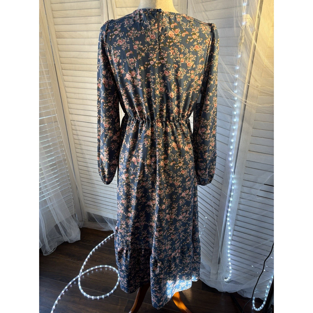 Women’s M Blue Pink Floral Woven Midi Dress Long Sleeve Round Neck Elastic