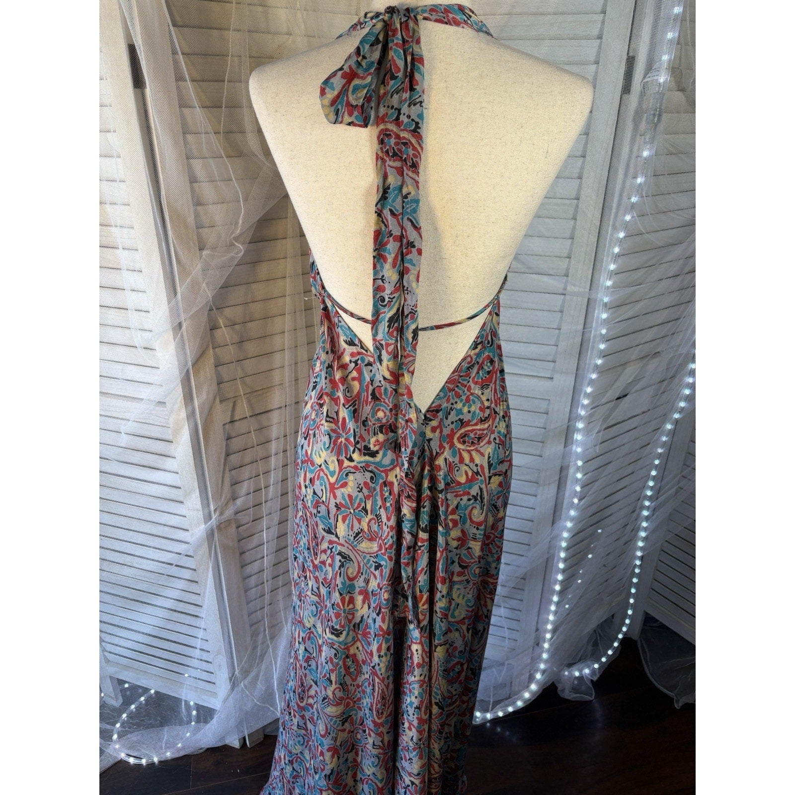 VTG Silk YNDU Multicolor Paisley Halter Backless dress One Size