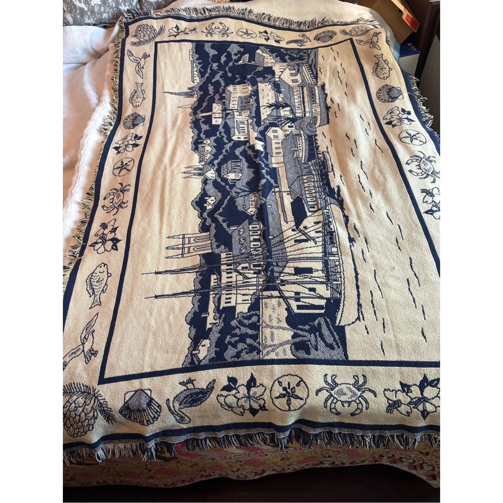 Vintage Navy and Cream Coastal Scene Woven Throw