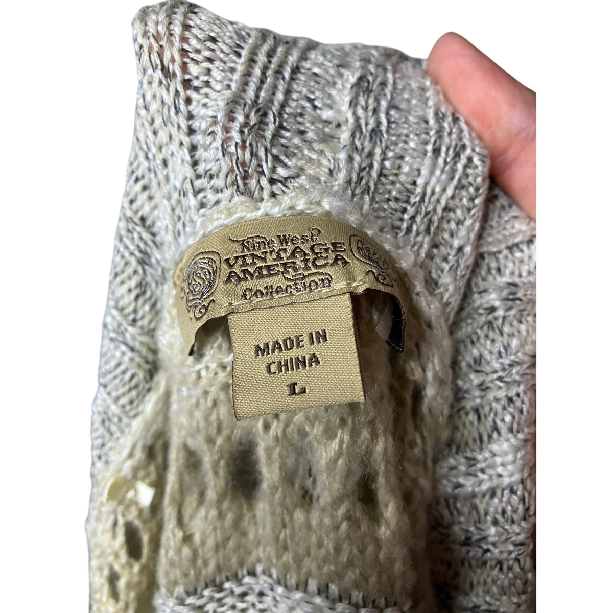 Nine West America Large Open Knit Cardigan Gray Cream Boho Shawl Collar