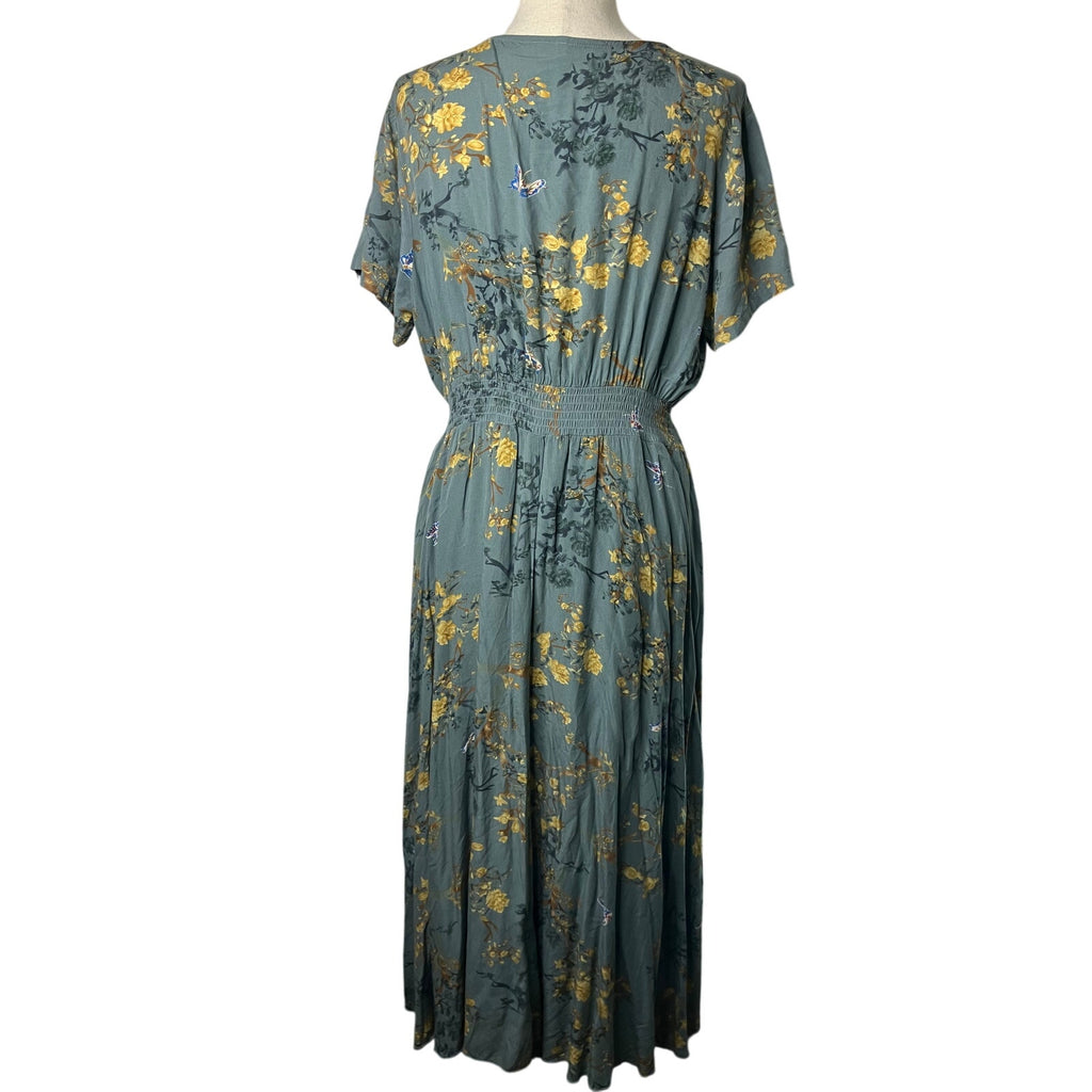 Gray Mustard Floral Button-Front Drawstring Maxi Dress Size XL