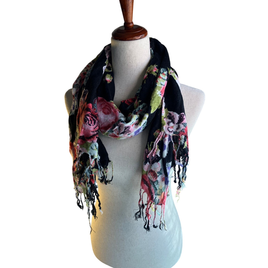 Black Floral Rose Print Fringe Scarf Boho Romantic Wrap