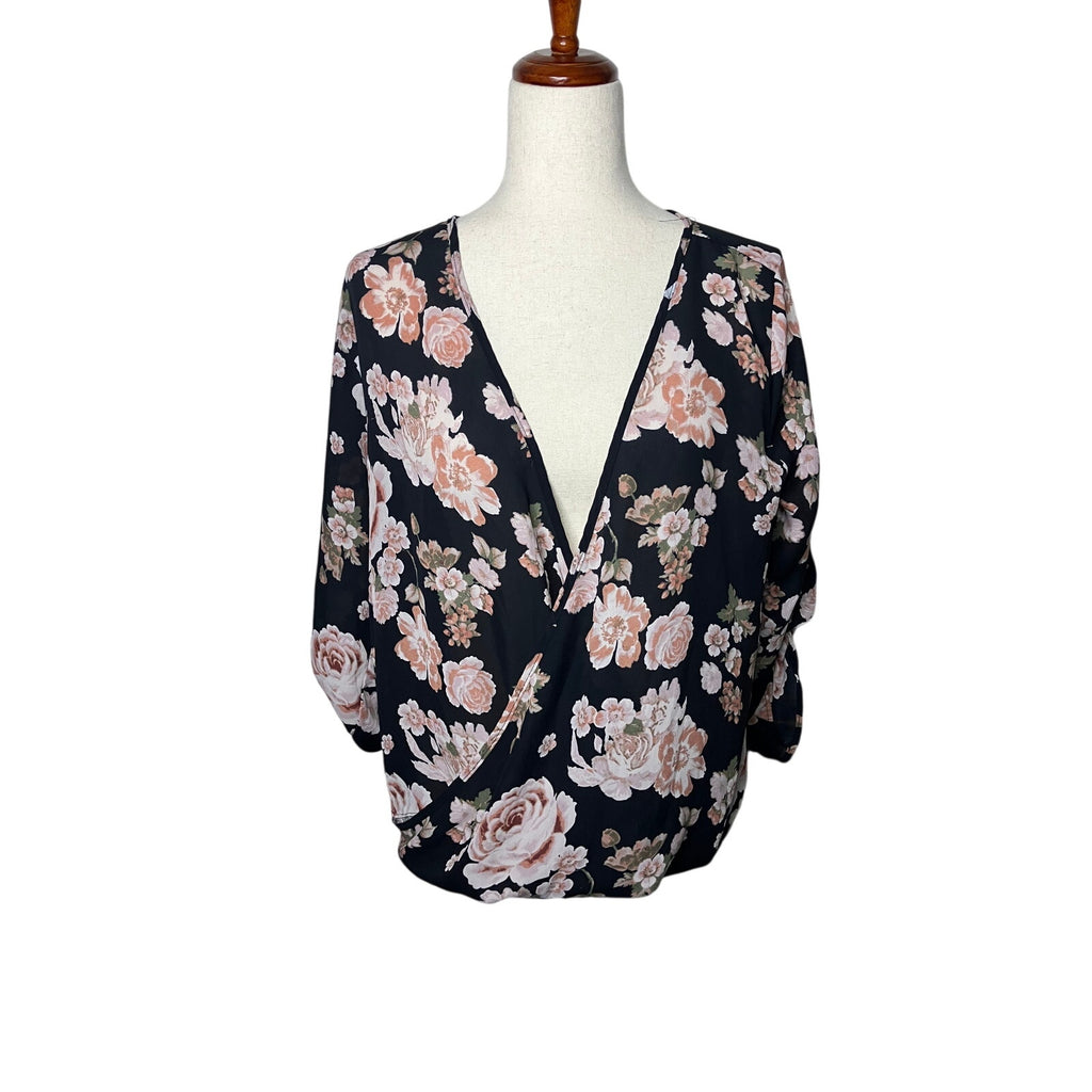 Justify Women’s Large Black Pink Floral Surplice Wrap Front Blouse | Large
