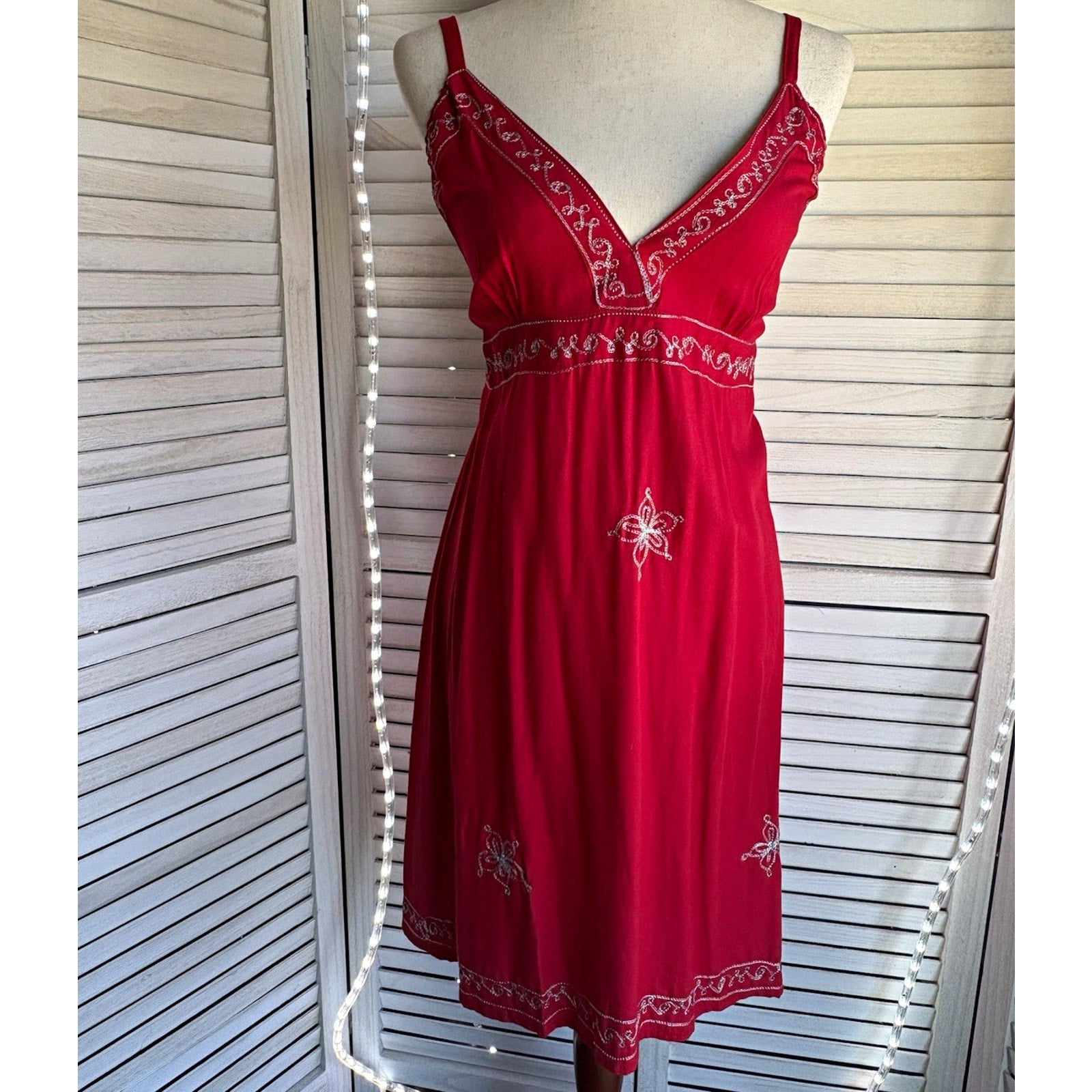 Bluemar Women’s S Red Embroidered V-Neck Strappy Sundress