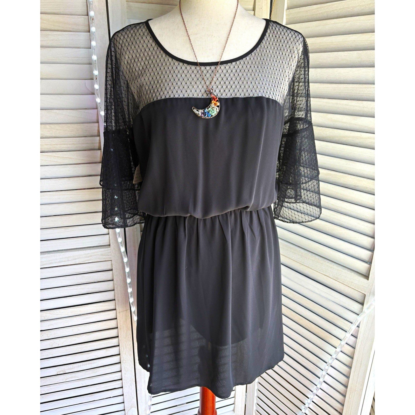 Express Women’s M Black Solid Sheer Lace Yoke A-Line Short Dress 3/4 Sleeve