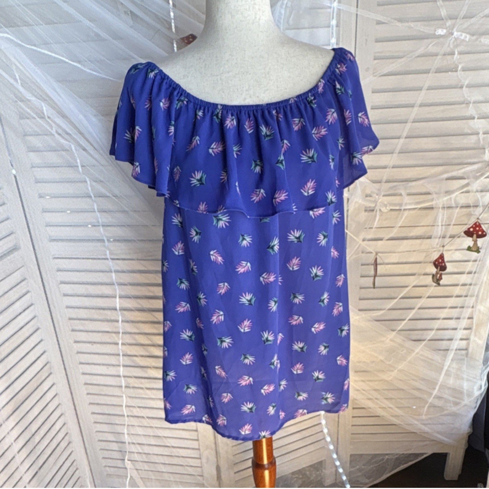 Simply Styled by Sears Purple Floral Chiffon Off-Shoulder Ruffle Blouse L