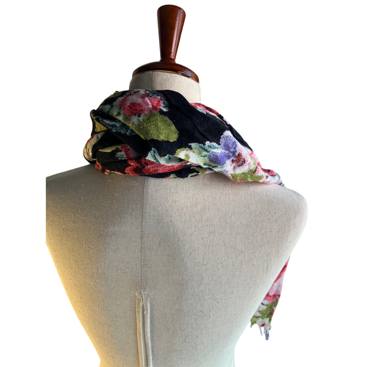 Black Floral Rose Print Fringe Scarf Boho Romantic Wrap