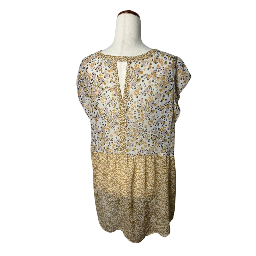 DR2 Women’s 1X Cream Mustard Blush Abstract Print Cap Sleeve Blouse