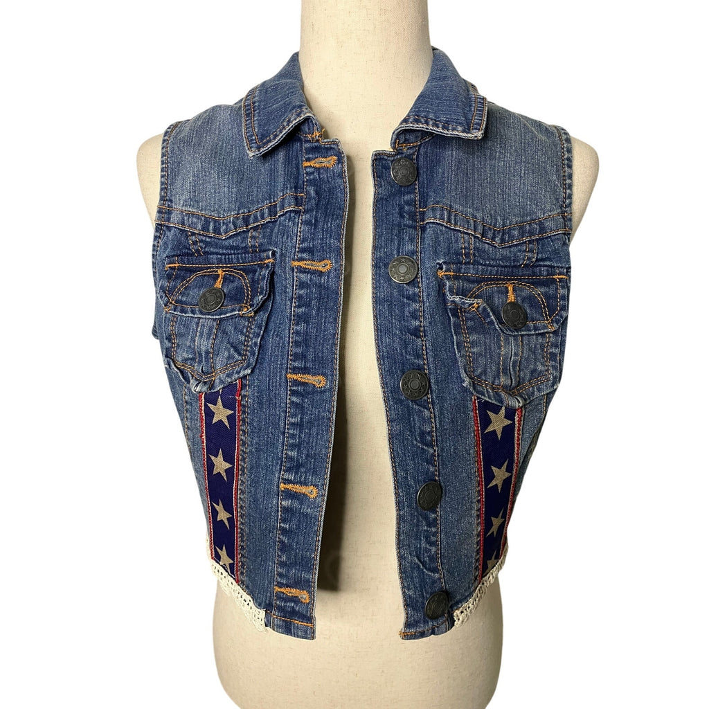 New Look Women’s Medium Denim Vest Star Ribbon Crochet Trim | Size M