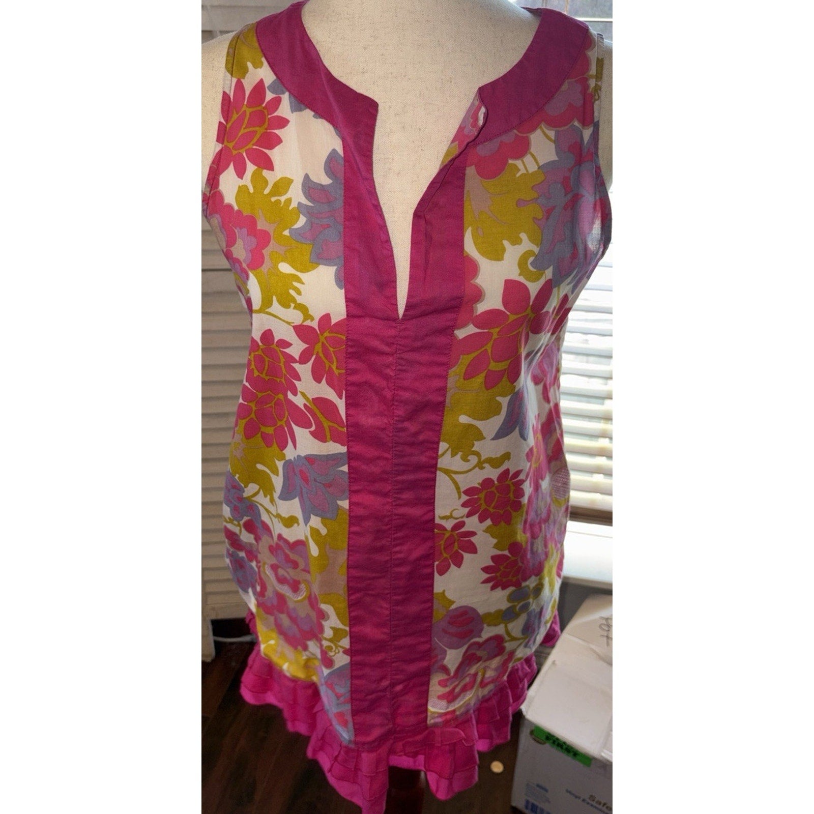 J.CREW Floral Sleeveless Tunic Blouse Pink Ruffle Hem 100% Cotton XS