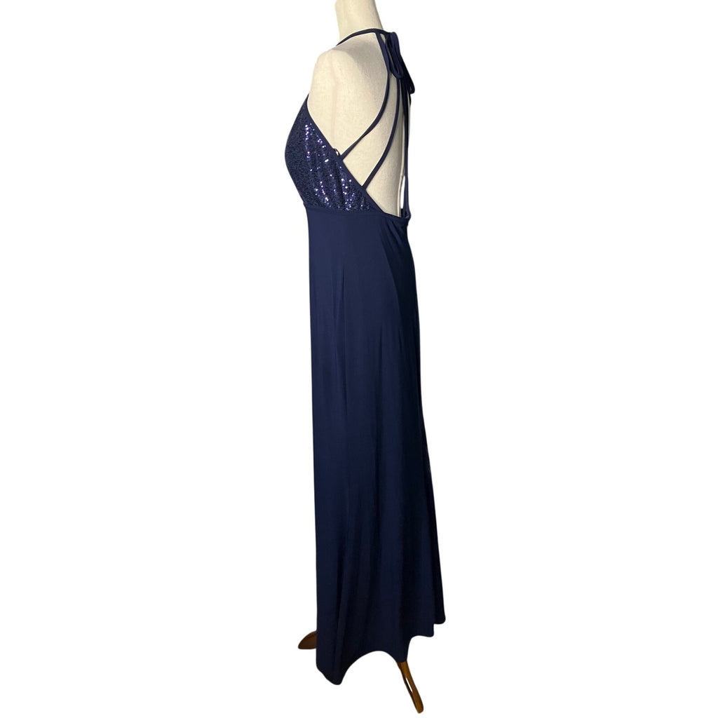 X by Xscape Navy Sequin Halter Keyhole Formal Maxi Gown Size 12