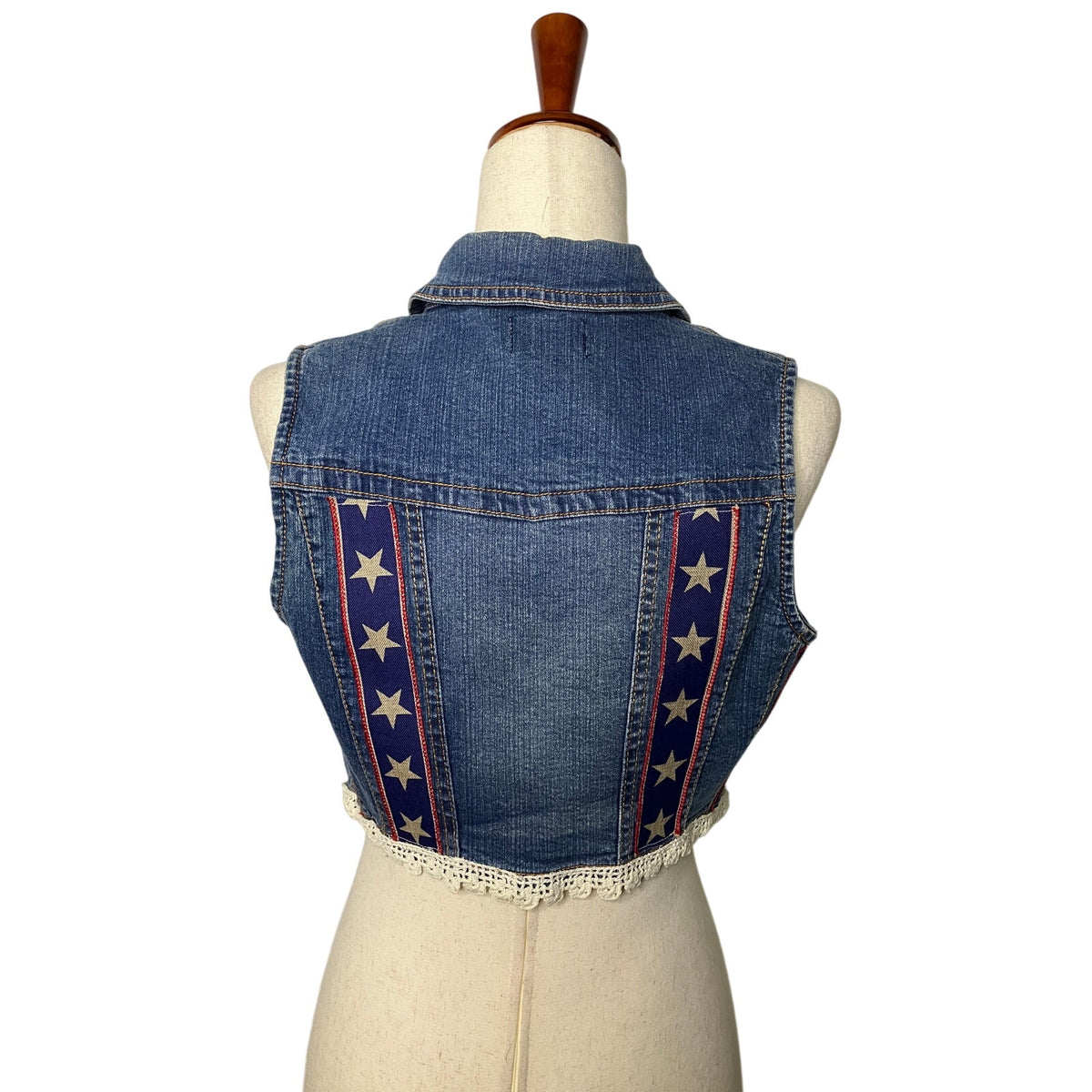 New Look Women’s Medium Denim Vest Star Ribbon Crochet Trim | Size M