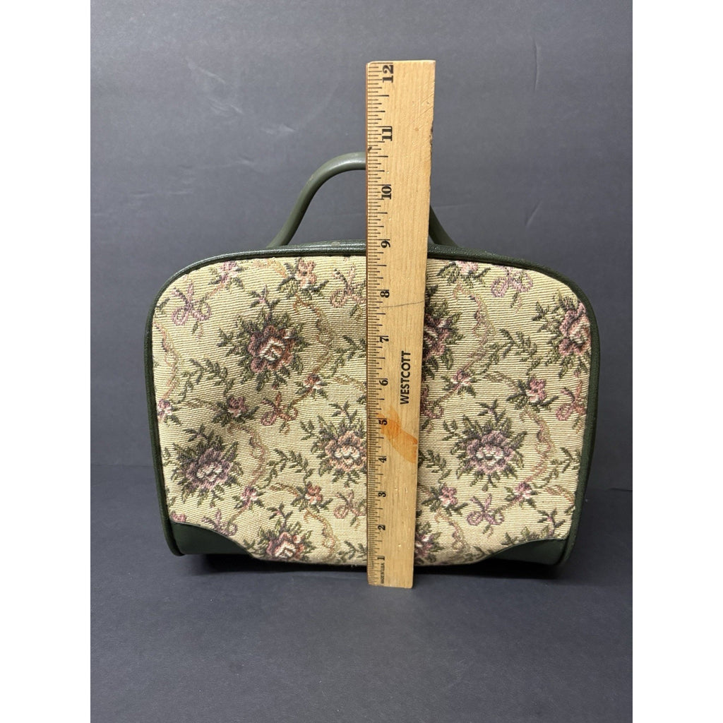 Vintage Floral Tapestry Train Case Cosmetic Bag Green Vanity.