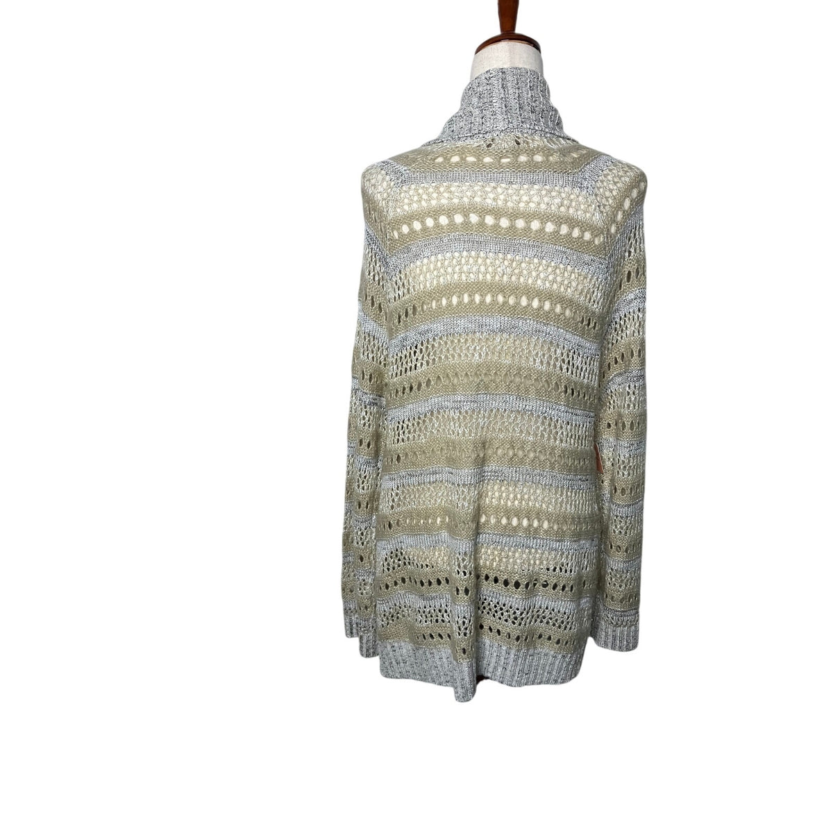 Nine West America Large Open Knit Cardigan Gray Cream Boho Shawl Collar