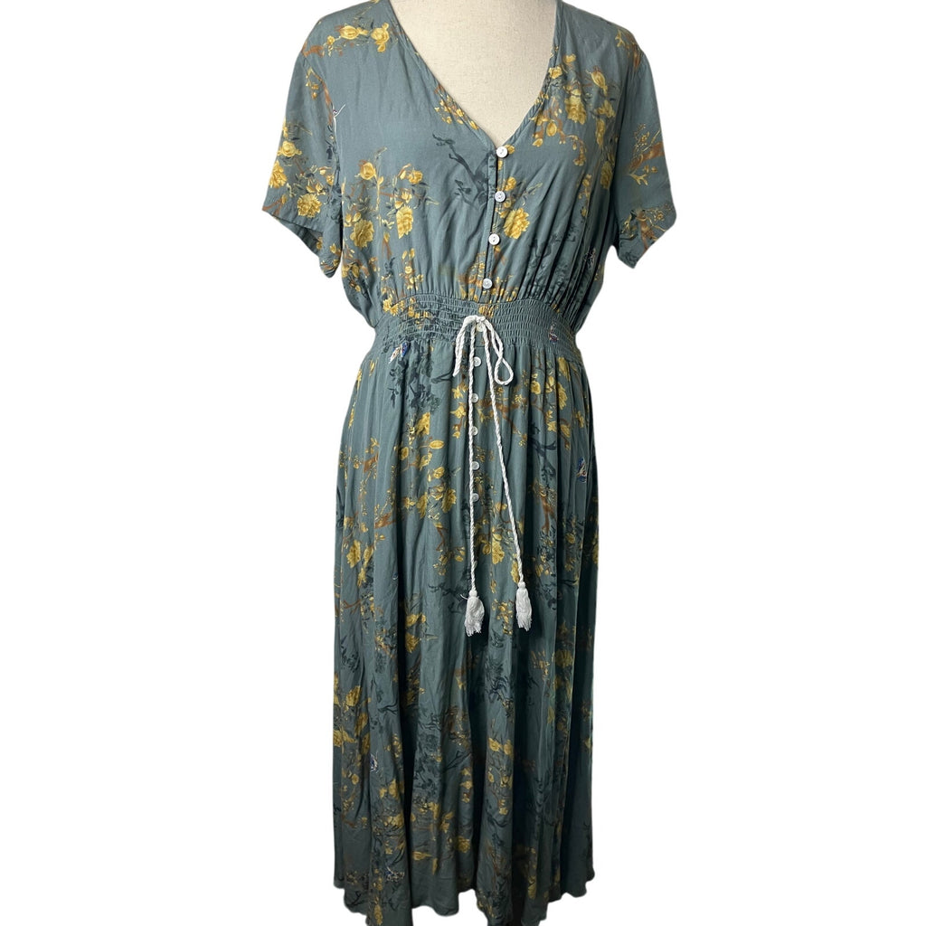 Gray Mustard Floral Button-Front Drawstring Maxi Dress Size XL