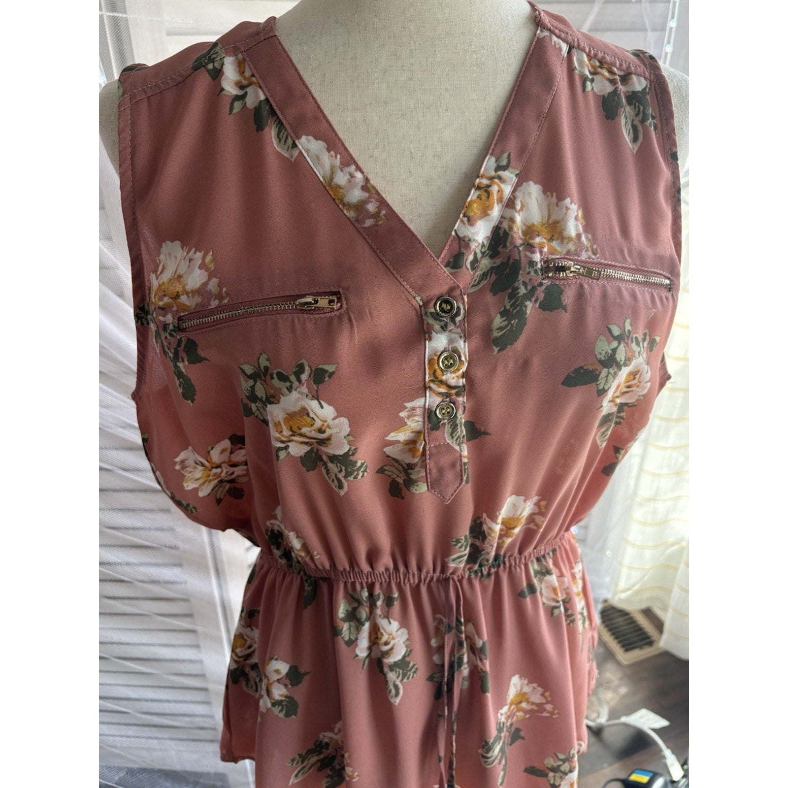 Justify Pink Floral Chiffon Blouse V-Neck Sleeveless Peplum Lightweight XL