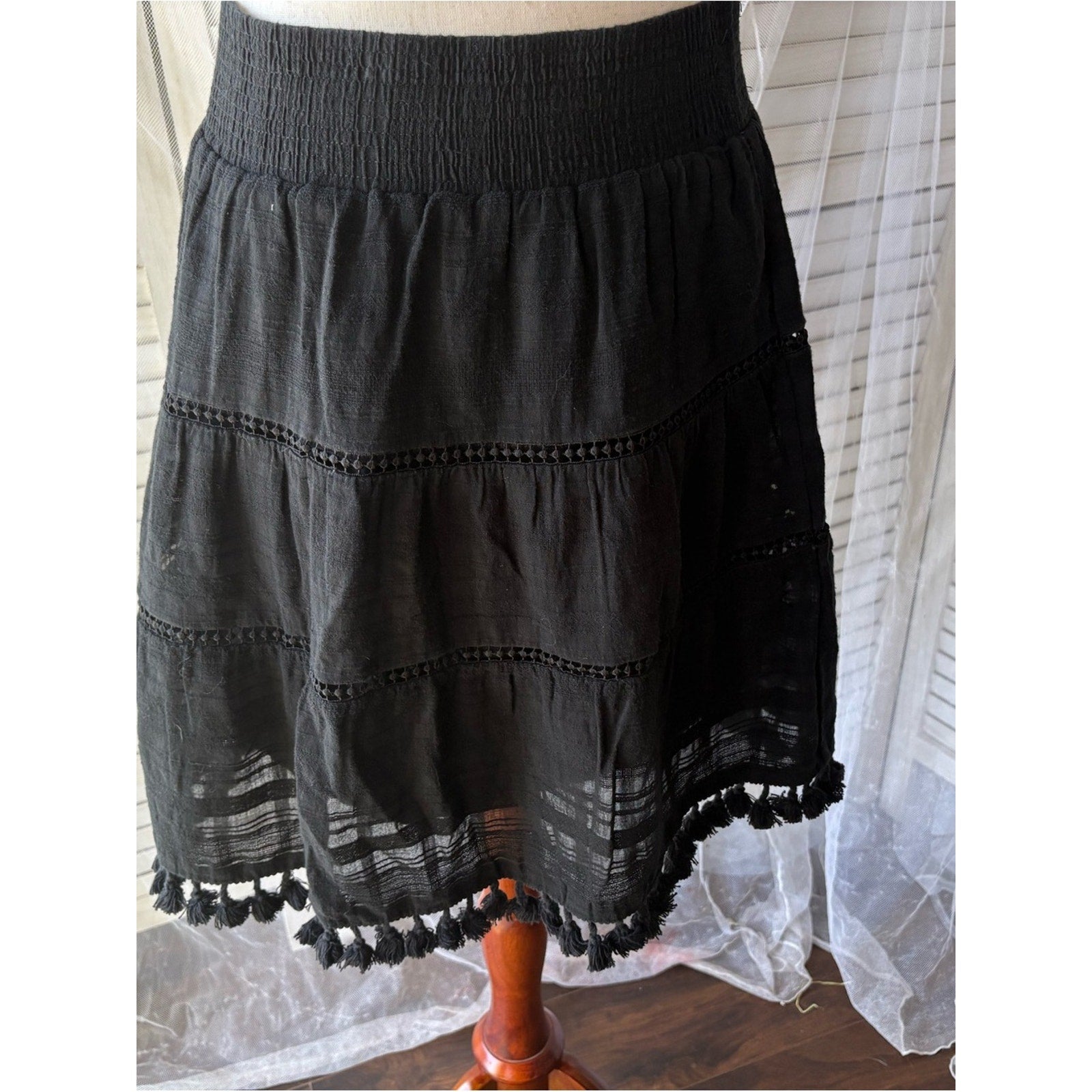 LOFT Black Tiered Tassel-Hem Skater Skirt