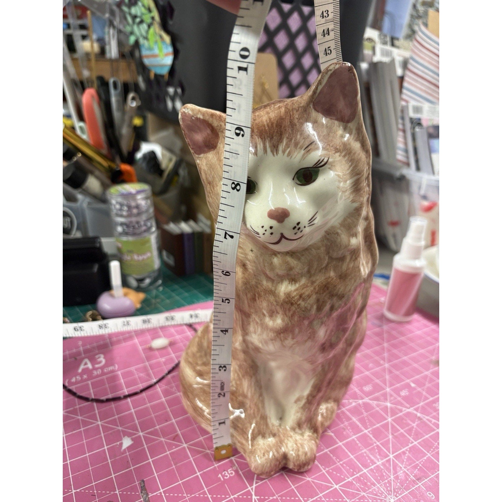 Ceramic Brown and White Cat Figurine, Approx. 9” Tall