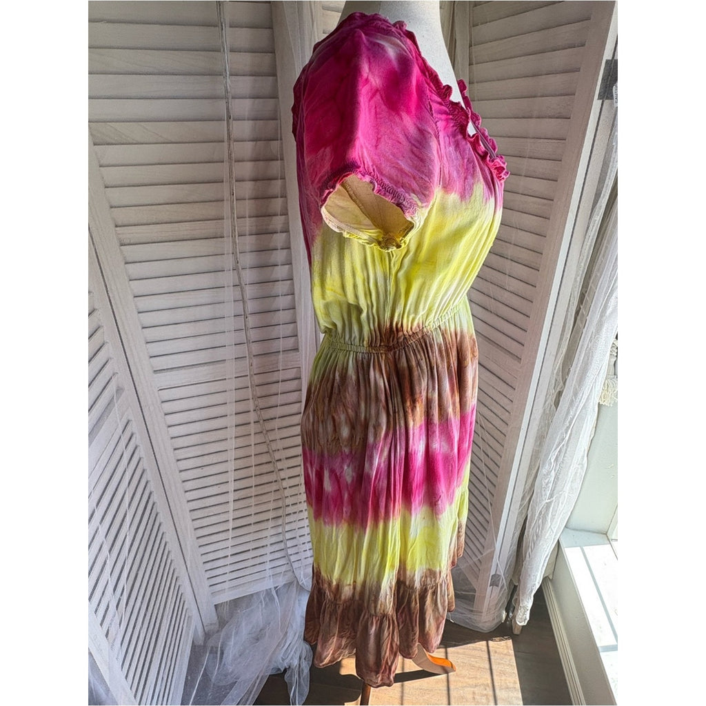 Women's Pink & Yellow Tie-Dye Smocked Waist Mini Dress