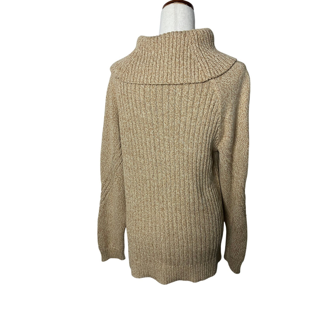 Talbots Women’s Large Cable Knit Cowl Neck Sweater Beige Oatmeal Button Detail