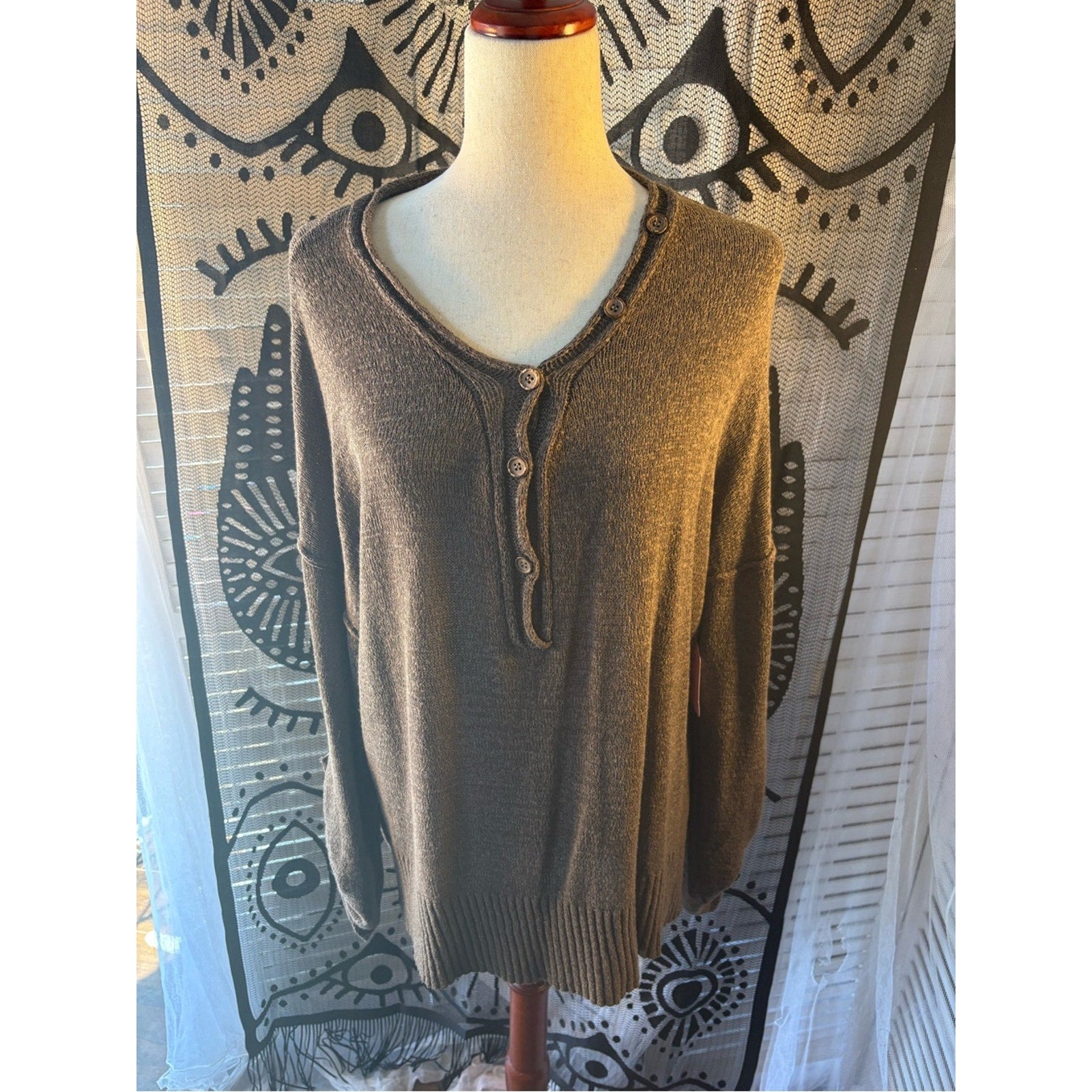 She + Sky Brown Button Henley Knit Top