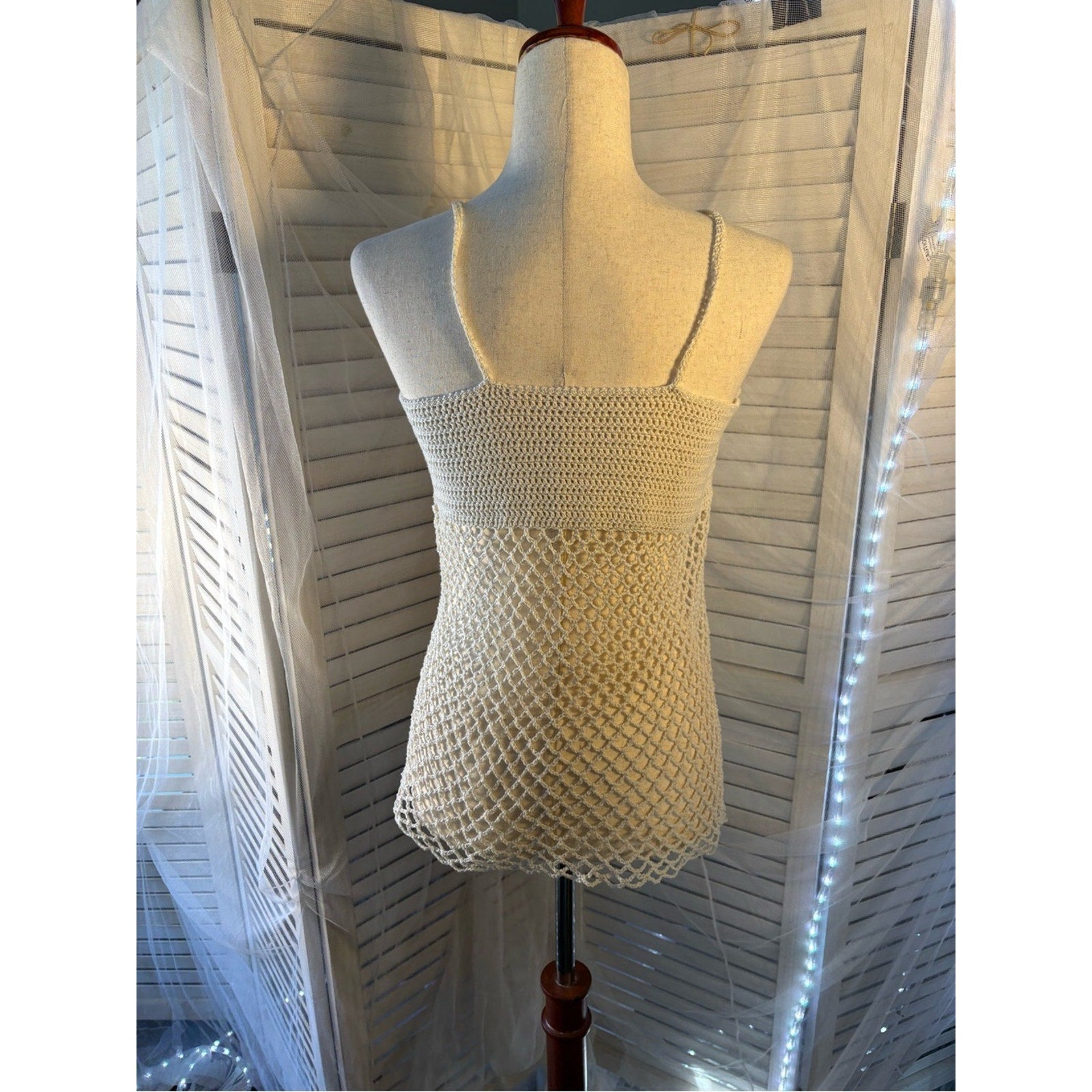 Cream Crochet Button-Front Spaghetti-Strap Camisole- adjustable