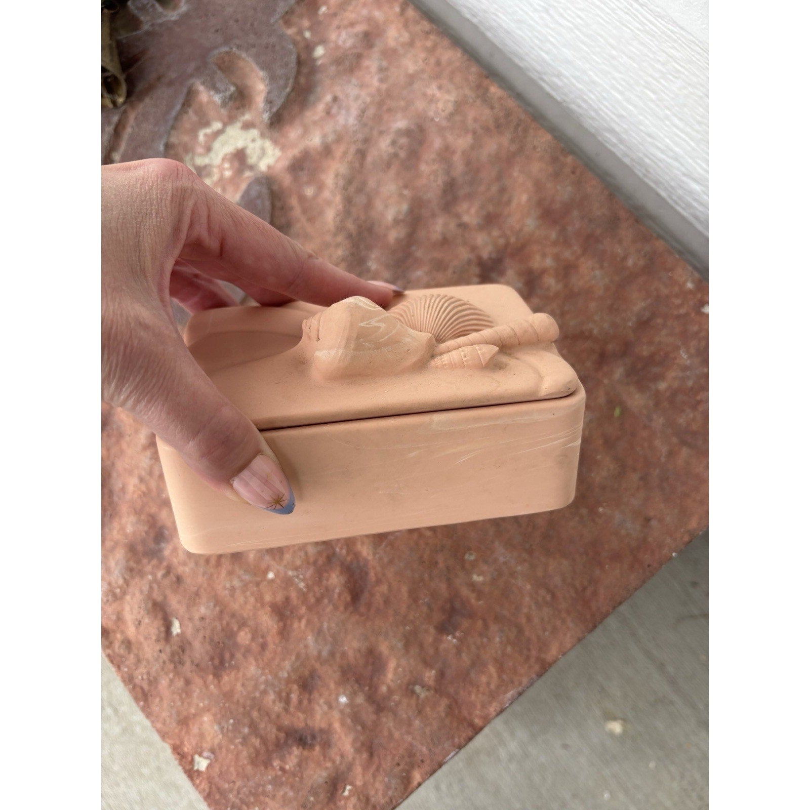 Vintage Dina Terracotta Trinket Box w/ Seashell Lid, Pink Seashell & Rope Lidded