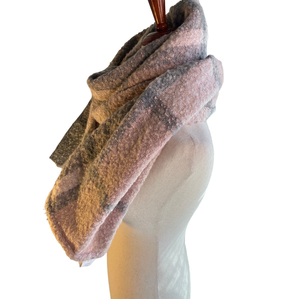 Blush Pink Gray Plaid Oversized Cozy Blanket Scarf Soft Boucle