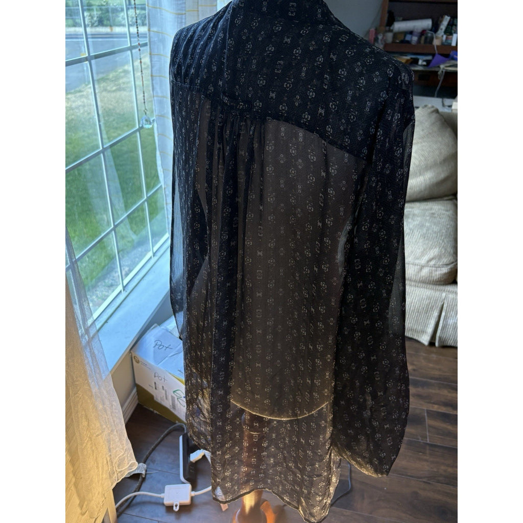 W by Worth Sheer Floral Button Collared Blouse Black Long Sleeve M