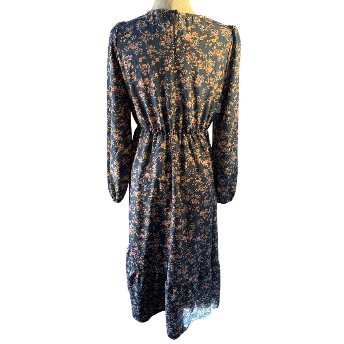 Women’s M Blue Pink Floral Woven Midi Dress Long Sleeve Round Neck