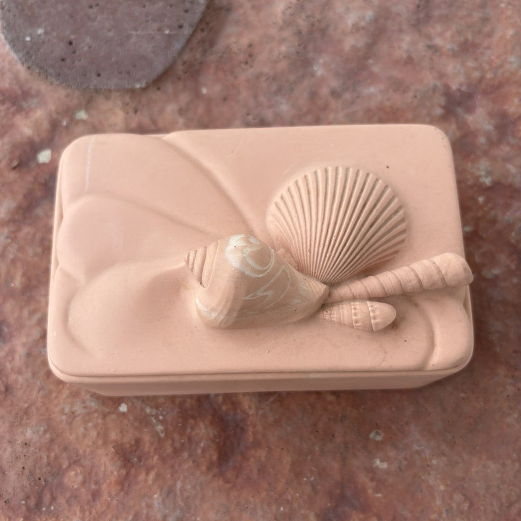 Vintage Dina Terracotta Trinket Box w/ Seashell Lid, Pink Seashell & Rope Lidded
