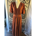 GAP Brown Solid V-Neck Button Front Maxi Dress Puff Short Sleeve Women S