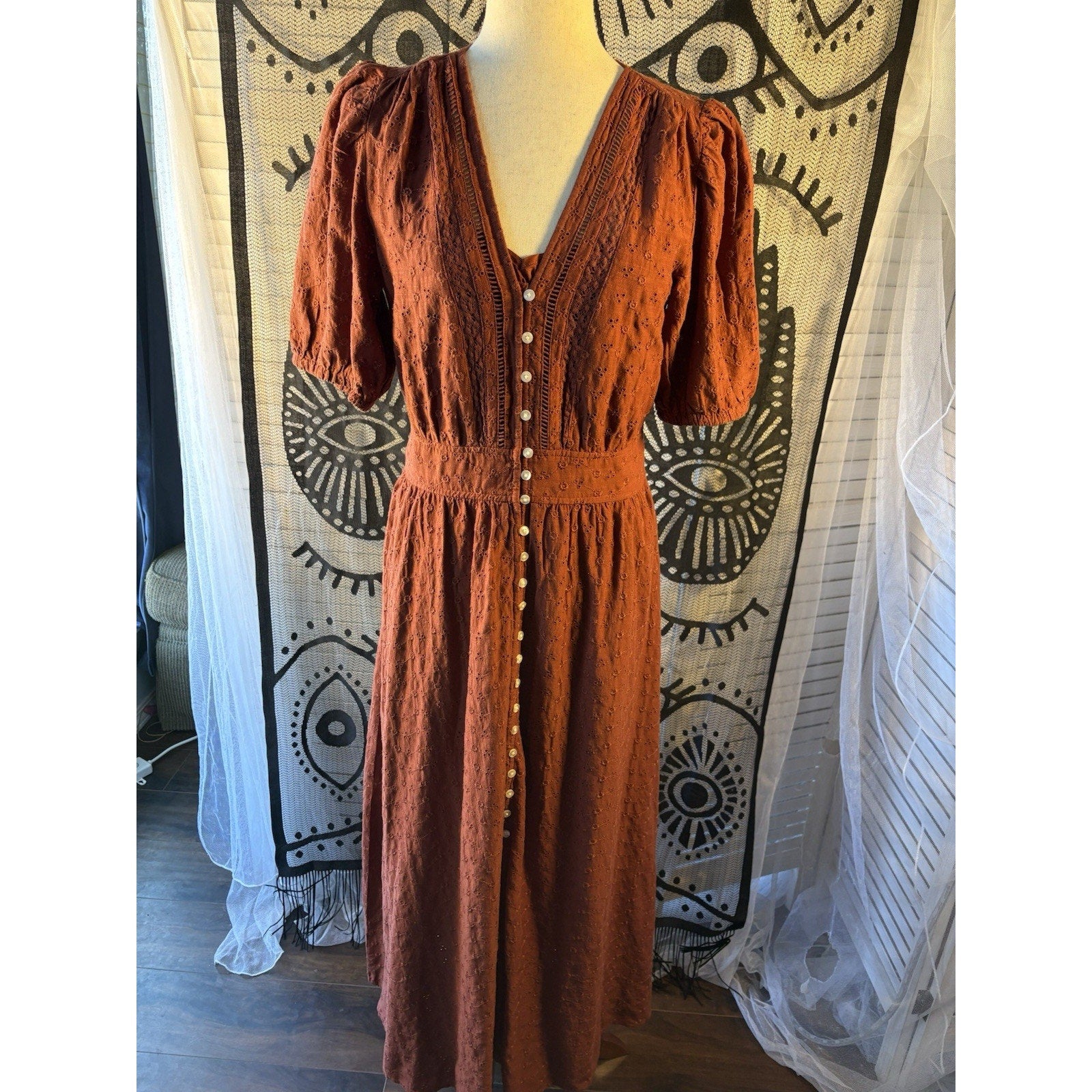 GAP Brown Solid V-Neck Button Front Maxi Dress Puff Short Sleeve Women S