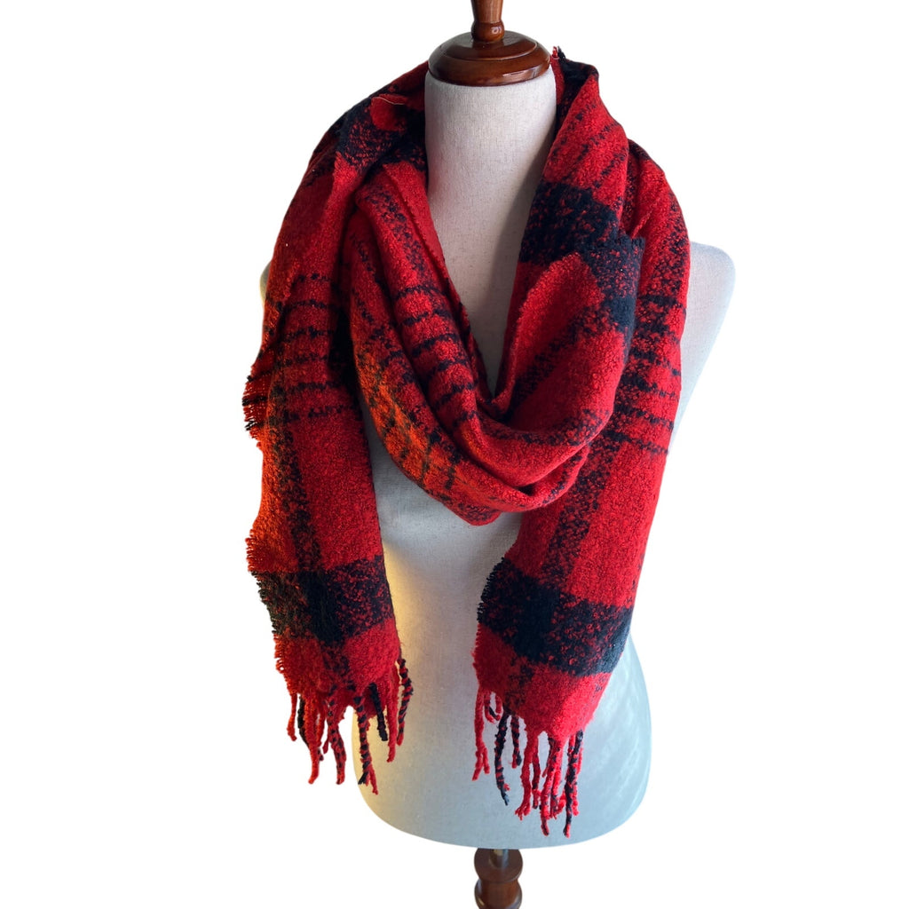GAP Red Black Buffalo Plaid Oversized Blanket Scarf Fringe 2018