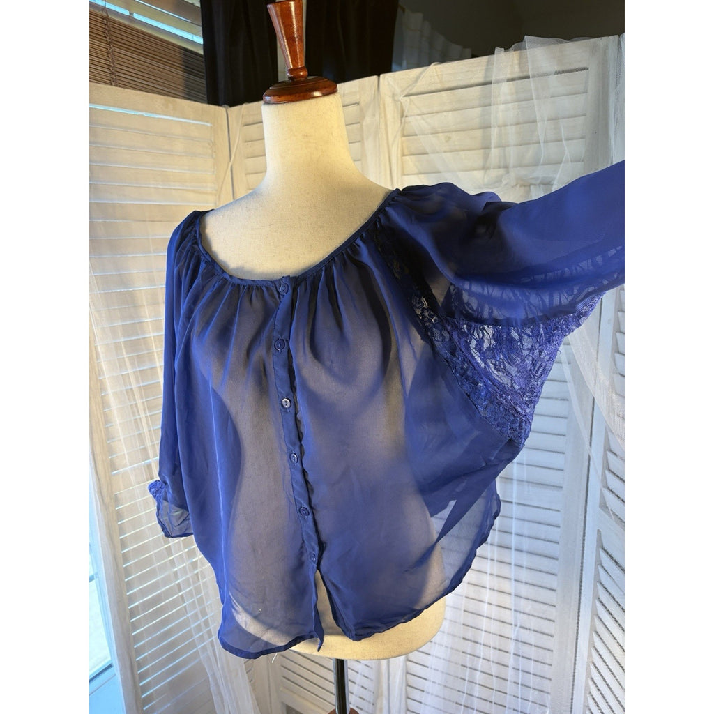 Cotton Express Sheer Chiffon Lace Button-Front Blouse Blue Scoop Neck 3/4 M