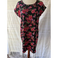 Pink Rose Black Floral Rayon T-Shirt Dress Cap Sleeve Round Neck Knee S