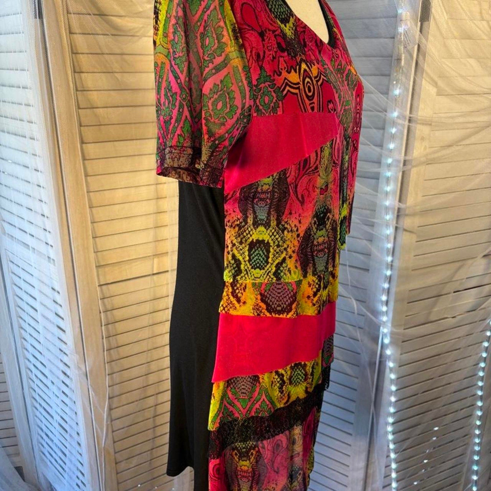 Calesssa black & pink dress with multicolored geometric and tribal print, size M