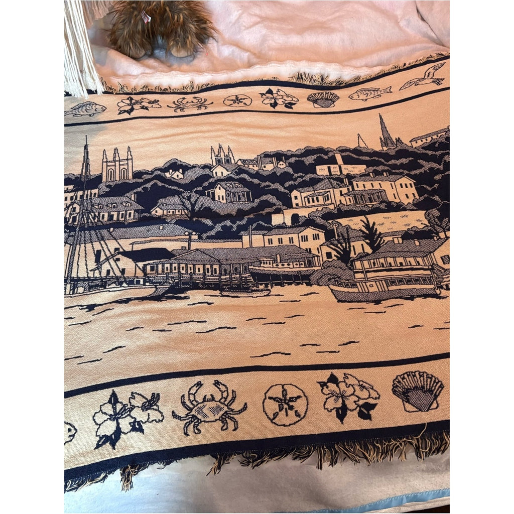 Vintage Navy and Cream Coastal Scene Woven Throw