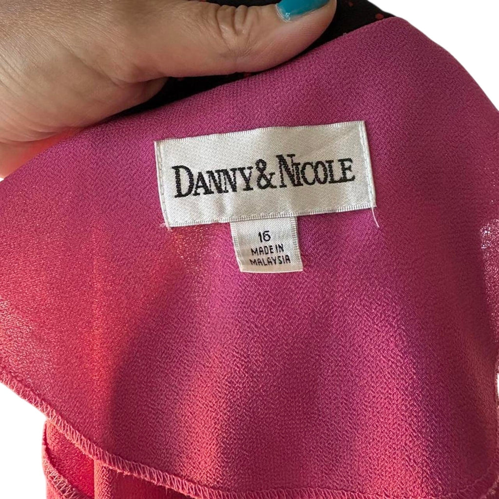 Vintage Danny & Nicole Pink sheer button up blouse black collar pink polka dots