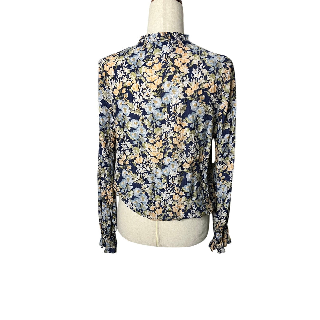 CeCe Women’s Medium Navy Floral Tie Neck Ruffle Long Sleeve Blouse