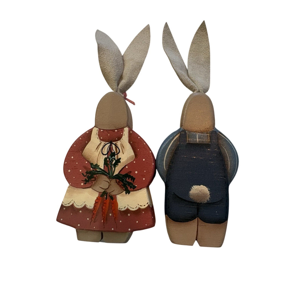 Denise H. Bunn 1988 Signed Hand Painted Wood Bunny/Rabbit Figurines Pair, 2 Pack