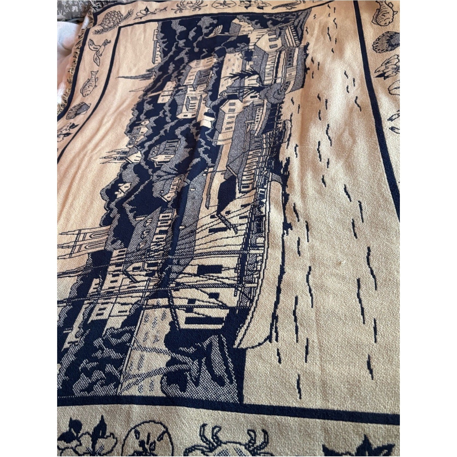 Vintage Navy and Cream Coastal Scene Woven Throw