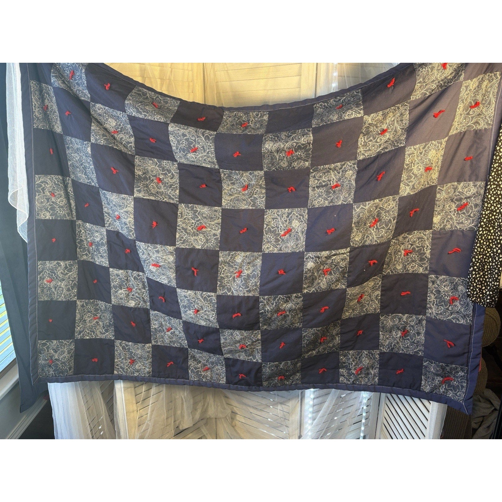 Vintage Patchwork crib Quilt Quilted Country Style Blue Gray Red 100% Cotton Ble