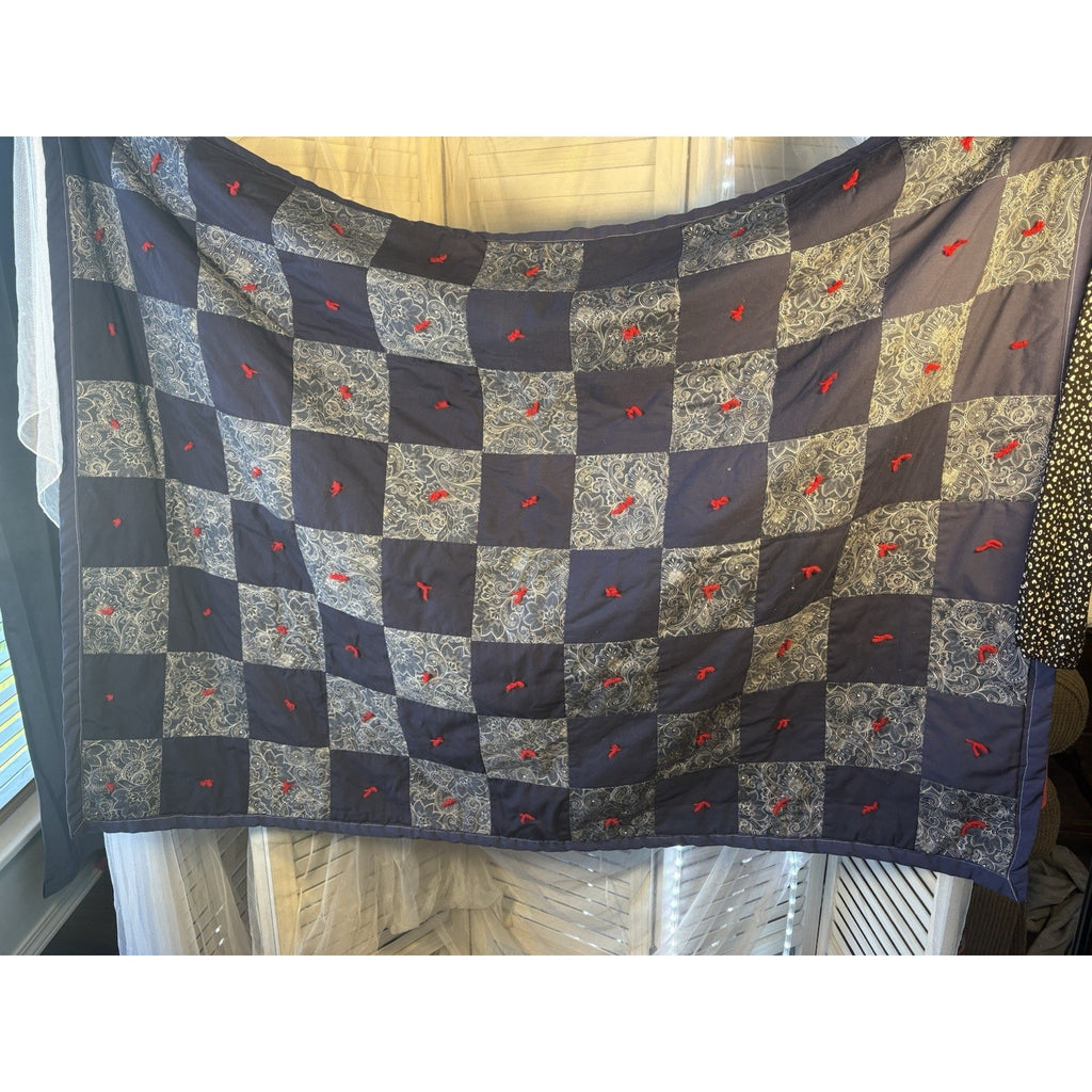 Vintage Patchwork crib Quilt Quilted Country Style Blue Gray Red 100% Cotton Ble