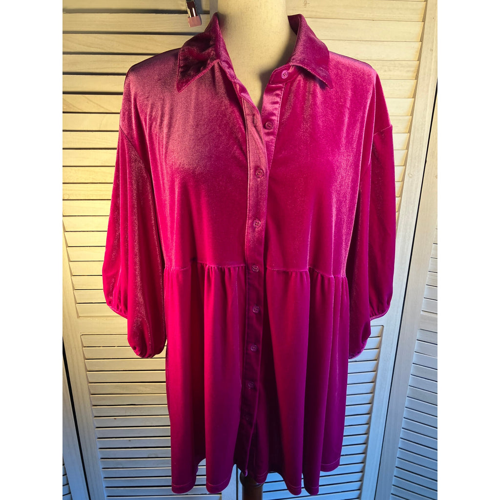 Pink Velour Button Up Blouse 3/4 length sleeves