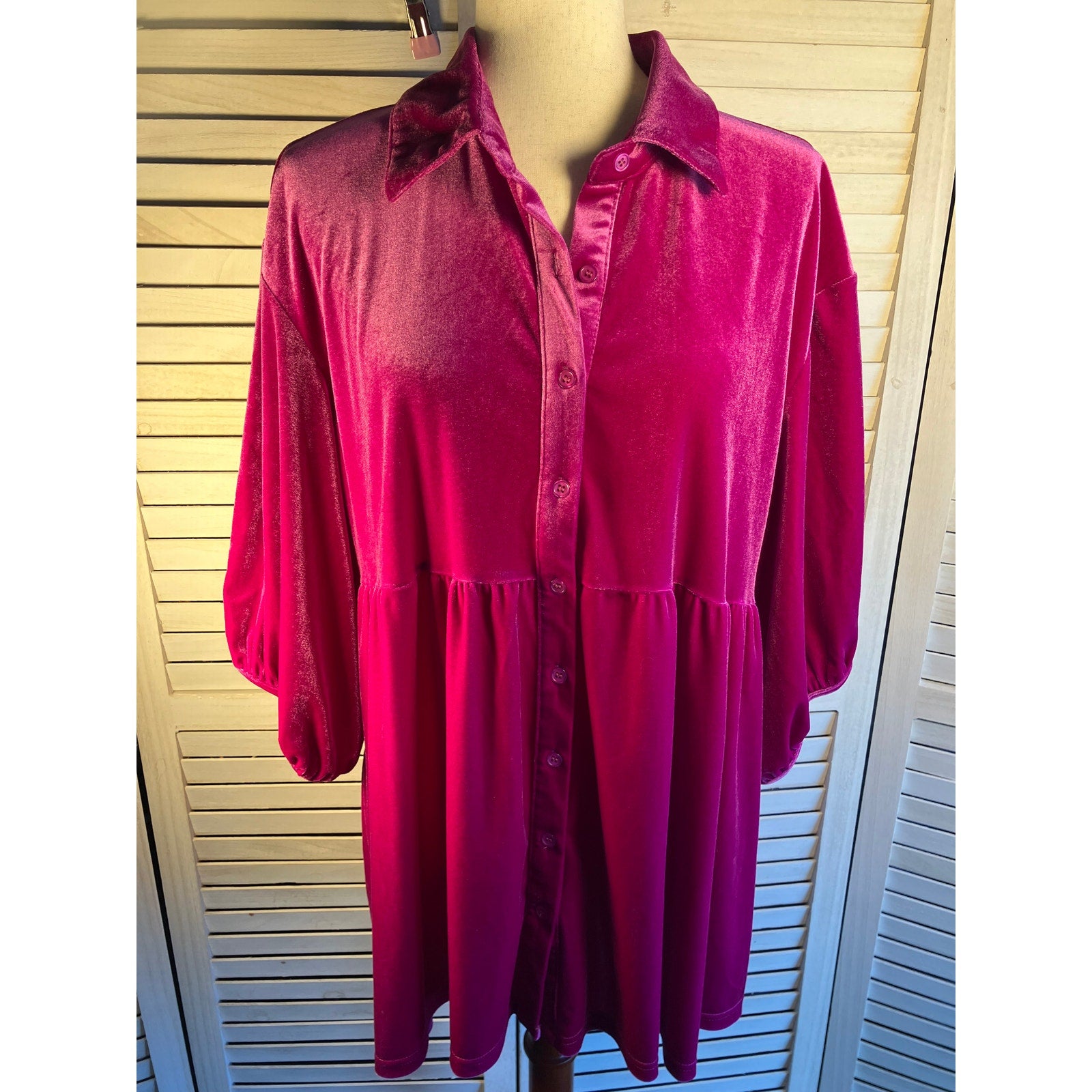Pink Velour Button Up Blouse 3/4 length sleeves