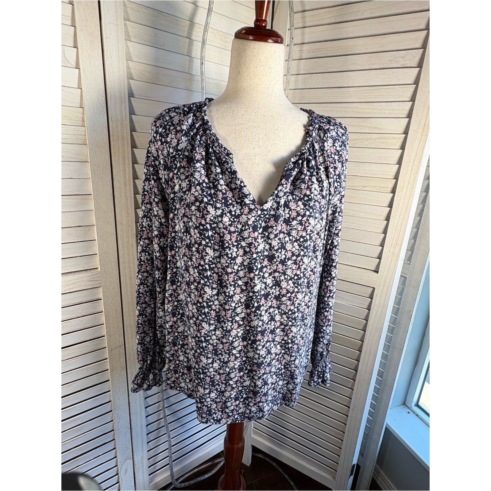 Angels Black Floral V-Neck Long Sleeve Blouse with Pink & White Accents
