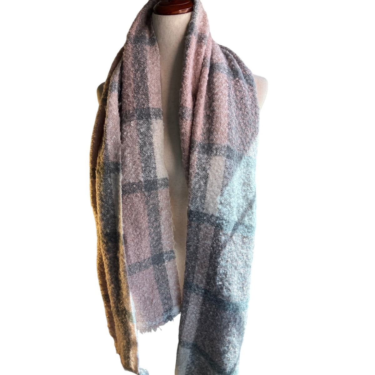 Blush Pink Gray Plaid Oversized Cozy Blanket Scarf Soft Boucle