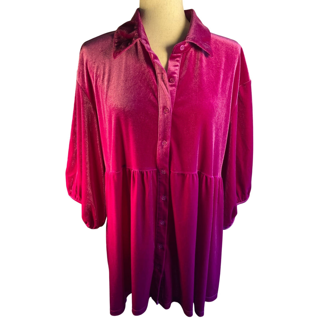Pink Velour Button Up Blouse 3/4 length sleeves